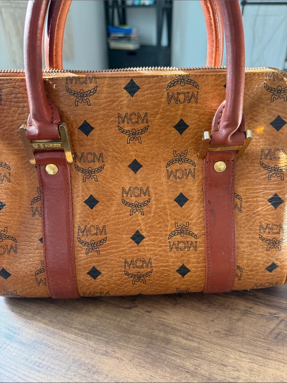 MCM Cognac Visetos Logo Satchel with Gold Hardware